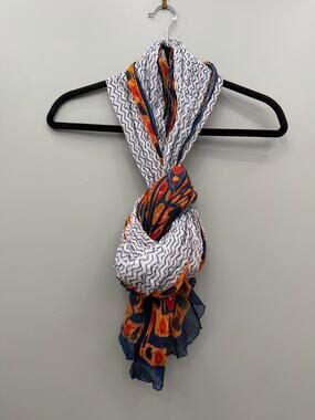 Boho Embroidered Floral Scarf 35x90 Navy Orange Oversized Gauze Wrap Shawl